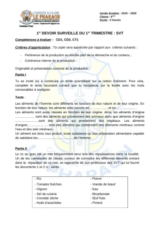 Première page de SVT 6e — 1er devoir surveillé, 1er trimestre (2019-2020) · CPEG LE PHARAON