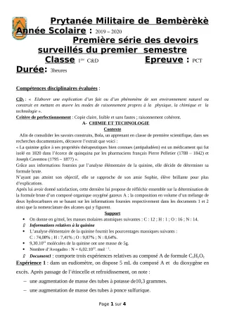 Première page de PCT 1ère C, 1ère D — 1er devoir surveillé, 1er semestre (2019-2020) · PMB