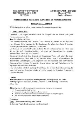 Première page de Allemand 2nde A1, 2nde A2, 2nde B — 1er devoir surveillé, 1er semestre (2020-2021) · CEG Kouhounou-Vêdoko