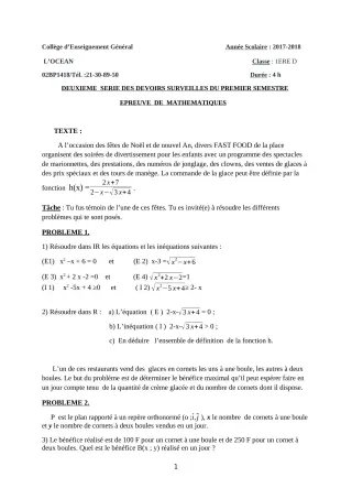 Première page de Mathématiques 1ère D — 2e devoir surveillé, 1er semestre (2017-2018) · CEG l'Océan