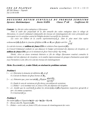 Première page de Mathématiques Tle B — 2e devoir surveillé, 1er semestre (2018-2019) · CEG Le Plateau
