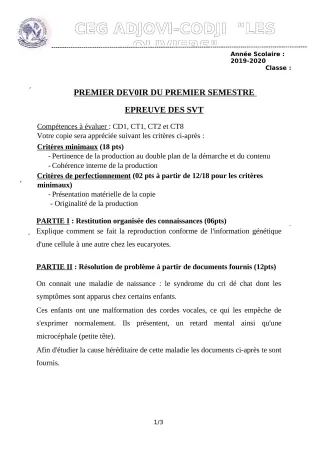 Première page de SVT Tle B — 1er semestre (2019-2020) · CEG ADJOVICODJI 'LES OLIVIERS'