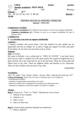 Première page de Anglais 6e — 1er devoir surveillé, 1er trimestre (2023-2024) · CPEG SAINT Justin