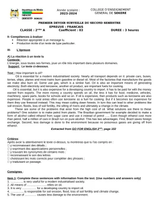 Première page de Anglais 2nde A2 — 1er devoir surveillé, 2e semestre (2023-2024) · CEG SEKERE