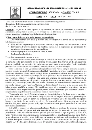 Première page de Espagnol Tle A1, Tle A2, Tle B — Composition (2020-2021) · CPEG Roger LAFIA