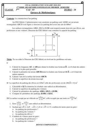 Première page de Mathématiques 3e, 3e ML — Devoir surveillé, 1er semestre (2020-2021) · CEG SEKERE