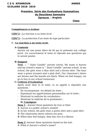 Première page de Anglais 6e — 1re évaluation sommative, 2e semestre (2018-2019) · CEG Kpanroun