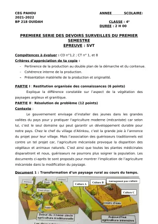 Première page de SVT 4e — 1er devoir surveillé, 1er semestre (2021-2022) · CEG PAHOU