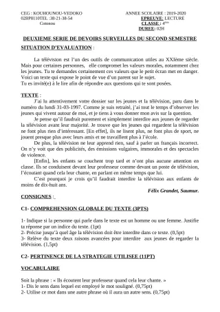 Première page de Français 4e, 4e ML — 2e devoir surveillé, 2e semestre (2019-2020) · CEG Kouhounou-Vêdoko