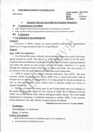 Première page de Histoire-Géographie 3e, 3e ML — 1er devoir surveillé, 1er semestre (2019-2020) · CEG Ganvié