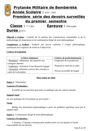 Première page de Philosophie 1ère C, 1ère D — 1er devoir surveillé, 1er semestre (2019-2020) · PMB