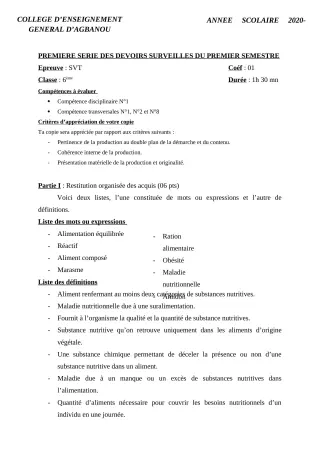Première page de SVT 6e, 5e, 4e, 3e — 1er devoir surveillé, 1er semestre (2020-2021) · CEG AGBANOU