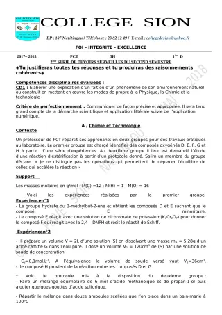 Première page de PCT 1ère D — 2e devoir surveillé, 2e semestre (2019-2020) · CEG PRIVE SION DES AD
