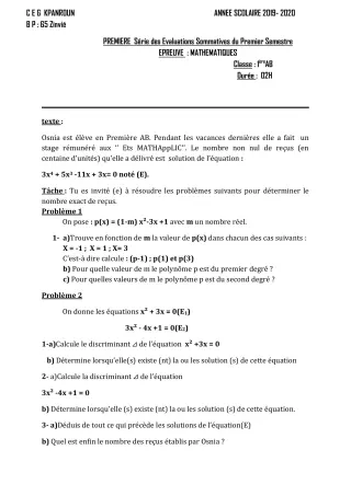 Première page de Mathématiques 1ère A2 — 1re évaluation sommative, 1er semestre (2019-2020) · CEG Kpanroun