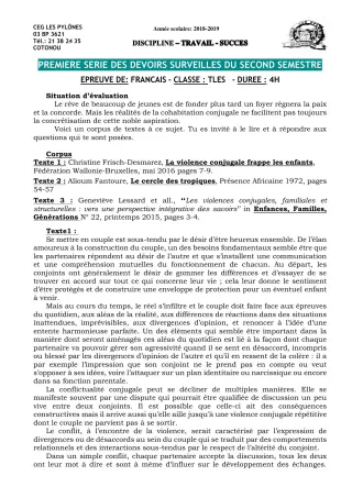 Première page de Français Tle A2, Tle B, Tle C, Tle D — 1er devoir surveillé, 2e semestre (2018-2019) · CEG Les Pylônes