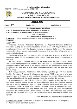 Première page de Anglais 6e, 5e, 4e, 4e ML, 4e ML&MC, 3e, 3e ML — 1er devoir surveillé, 1er semestre (2019-2020) · CEG AYAHOHOUE