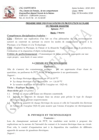 Première page de PCT 4e — Production scolaire, 1er semestre (2020-2021) · CEG Sainte Rita