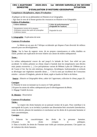 Première page de Histoire-Géographie 4e, 4e ML — 1er devoir surveillé, 2e semestre (2020-2021) · CEG 1 Agatogbo