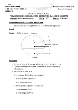 Première page de Histoire-Géographie 5e, 4e ML&MC — 1re évaluation sommative, 2e semestre (2019-2020) · CEG Dantokpa