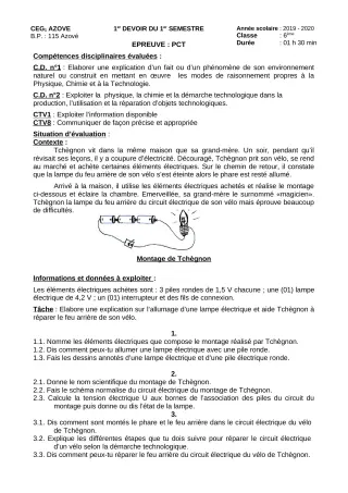 Première page de PCT 6e, 5e, 4e, 3e, 2nde C, 2nde D, 1ère C, 1ère D, Tle C, Tle D — 1er devoir surveillé, 1er semestre (2019-2020) · CEG1 AZOVE