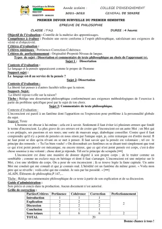 Première page de Philosophie Tle A2 — 1er devoir surveillé, 1er semestre (2021-2022) · CEG SEKERE