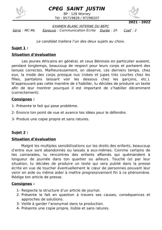 Première page de Examen Blanc de FRANCAIS — 3e, 3e ML — CPEG SAINT Justin (2021)
