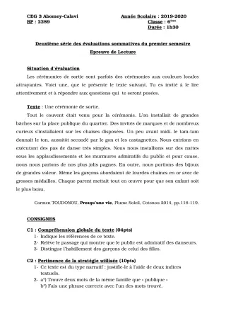 Première page de Français 6e, 5e, 4e, 4e ML, 3e, 3e ML — 2e évaluation sommative, 1er semestre (2019-2020) · CEG3 ABOMEY CALAVI