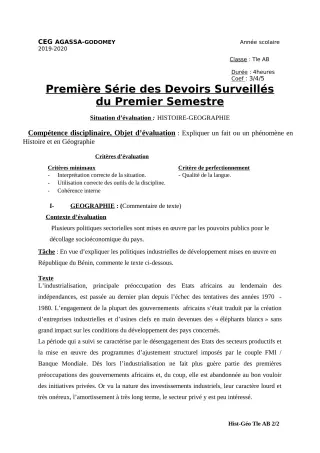 Première page de Histoire-Géographie Tle A1, Tle A2, Tle B — 1er devoir surveillé, 1er semestre (2019-2020) · CEG Agassa Godomey