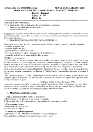 Première page de Espagnol 3e ML — 2e devoir surveillé, 1er semestre (2021-2022) · CEG 1 ZOGBODOMEY