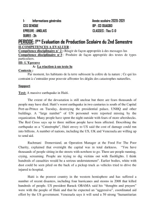 Première page de Anglais Tle C, Tle D — 1re production scolaire, 2e semestre (2020-2021) · CEG SEHOUE