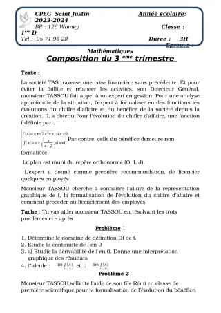 Première page de Mathématiques 1ère D, Tle A2, Tle B — Composition, 3e trimestre (2023-2024) · CPEG SAINT Justin