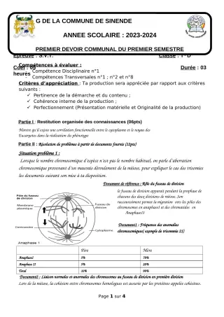 Première page de SVT Tle D — 1er devoir surveillé, 1er semestre (2023-2024) · CEG SEKERE