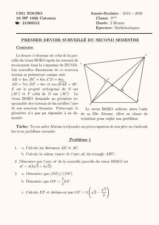Première page de Mathématiques 3e, 3e ML — 1er devoir surveillé, 2e semestre (2019-2020) · CEG ZOGBO