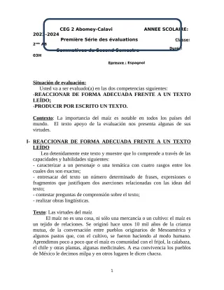 Première page de Espagnol 2nde A & B — 1re évaluation sommative, 2e semestre (2023-2024) · CEG2 ABOMEY - CALAVI (CEG ZOCA)