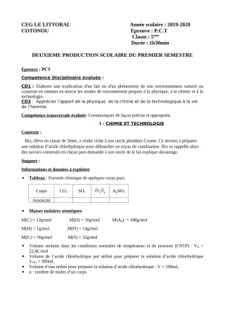 Première page de PCT 5e — 2e production scolaire, 1er semestre (2019-2020) · CEG Le Littoral