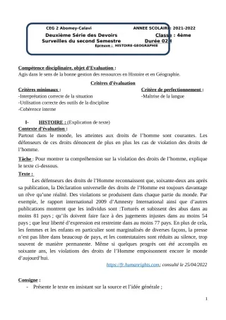 Première page de Histoire-Géographie 4e — 2e devoir surveillé, 2e semestre (2021-2022) · CEG2 ABOMEY - CALAVI (CEG ZOCA)