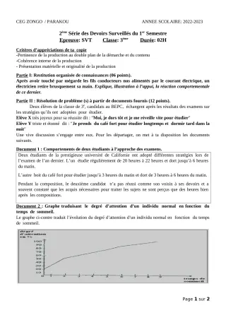 Première page de SVT 3e — 2e devoir surveillé, 1er semestre (2022-2023) · CEG ZONGO