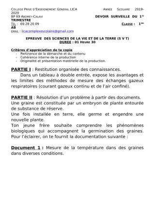 Première page de SVT 1ère A2, 1ère B — Devoir surveillé, 1er trimestre (2019-2020) · CPEG LICA