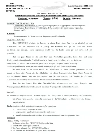 Première page de Allemand 2nde B, 1ère A2, 1ère B — 1re évaluation sommative, 2e semestre (2019-2020) · CEG Dantokpa