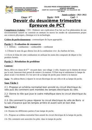 Première page de PCT 6e, 5e, 4e, 3e, 2nde D, 1ère D, Tle D — 1er devoir surveillé, 2e trimestre (2021-2022) · CPEG AGBOZO MEGBEDJI