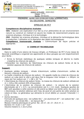 Première page de PCT 2nde C — 1re évaluation sommative, 2e semestre (2020-2021) · CEG1 Abomey-Calavi