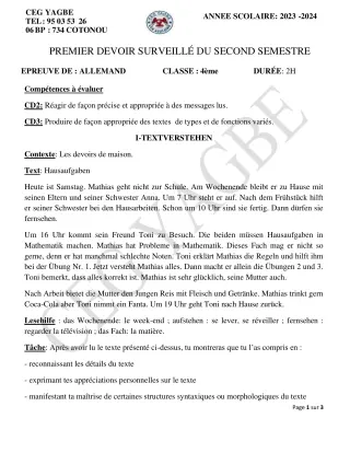 Première page de Allemand 4e — 1er devoir surveillé, 2e semestre (2023-2024) · CEG Yagbe