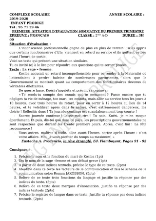 Première page de Français 2nde A1, 2nde A2, 2nde D — Évaluation sommative, 1er trimestre (2019-2020) · CPEG ENFANT PRODIGE