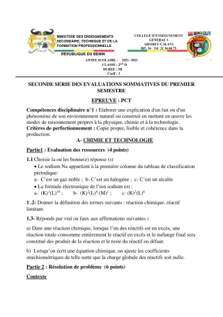 Première page de PCT 2nde D — 2e évaluation sommative, 1er semestre (2021-2022) · CEG1 Abomey-Calavi