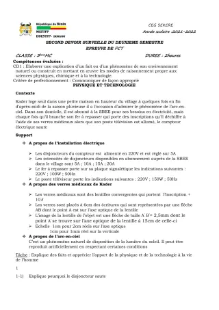 Première page de PCT 3e — 2e devoir surveillé, 2e semestre (2021-2022) · CEG SEKERE