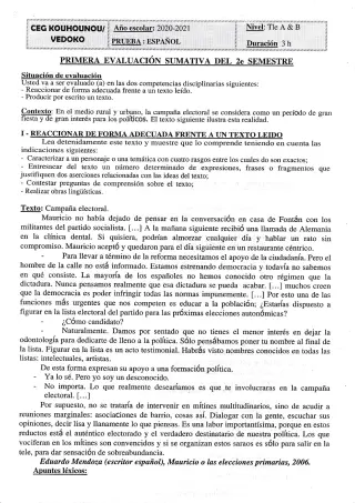 Première page de Espagnol Tle A1, Tle A2, Tle B — 2e semestre (2020-2021) · CEG Kouhounou-Vêdoko