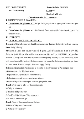 Première page de Anglais 6e — 2e devoir surveillé, 1er semestre (2019-2020) · CEG Lobozounkpa
