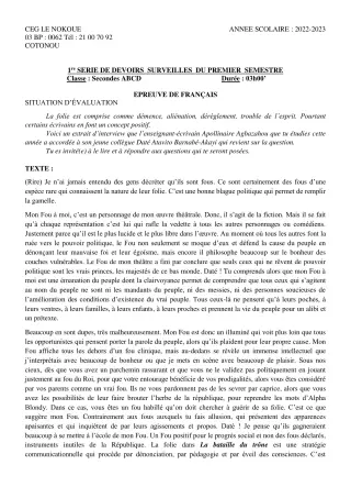 Première page de Français 2nde A2, 2nde C, 2nde D — 1er devoir surveillé, 1er semestre (2022-2023) · CEG LE NOKOUE