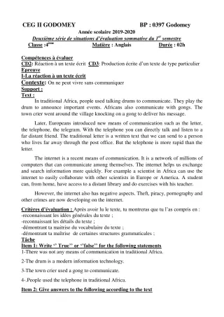 Première page de Anglais 4e, 4e ML, 4e ML&MC — Évaluation sommative, 1er semestre (2019-2020) · CEG2 Godomey