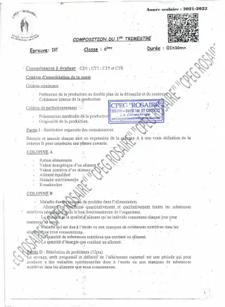 Première page de SVT 6e — Composition (2021-2022) · CPEG ROSAIRE